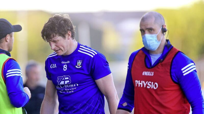 Darren Hughes goes off injured during Monaghan&#39;s Allianz Football League clash with Tyrone. The mounting number of injuries suffered by players since the return of competitive action has presented management with a selection dilemma Picture: Seamus Loughran. 