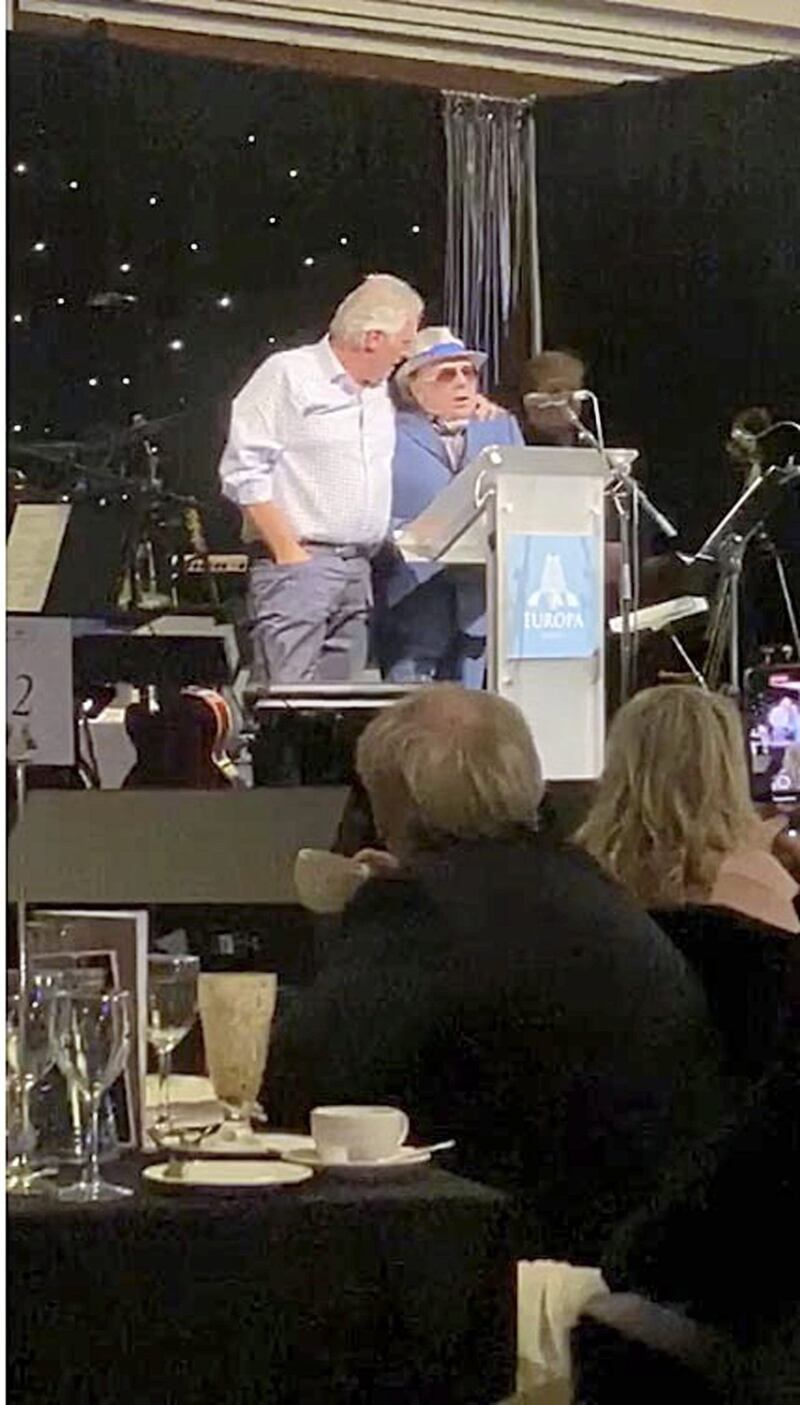 Ian Paisley Jnr hugging Sir Van Morrison on stage at the Europa Hotel in Belfast on Thursday night 