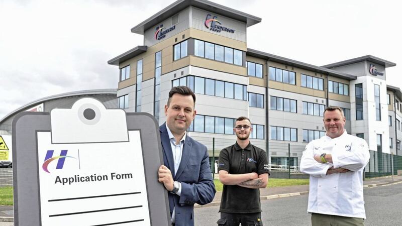 Glen Young (centre), talent acquisition specialist at Henderson Group, is joined by Ceejay McMurty (left), large format operator at Henderson Print and Carl Johannesson, head chef at Henderson Kitchen to launch the 2021 apprenticeship opportunities in the group 