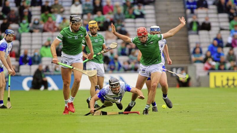 Waterford&#39;s Patrick Curran in action against Limerick&#39;s Gearoid Hegarty and Barry Nash in Saturday&#39;s All-Ireland SHC semi-final at Croke Park  Picture: Seamus Loughran. 