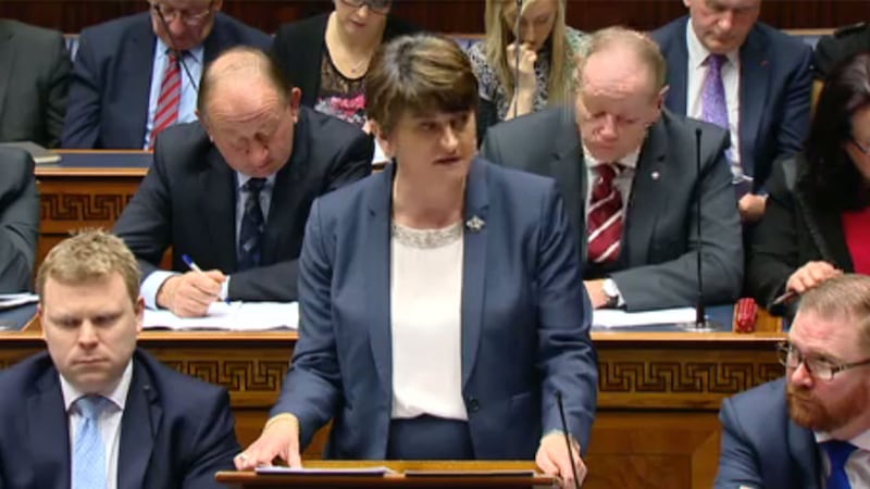 Arlene Foster at Stormont this morning making her statement on the Renewable Heating Initiative scandal&nbsp;