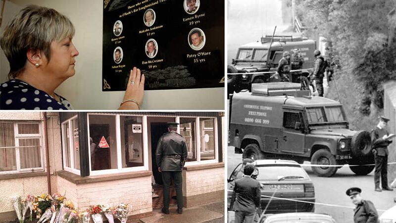 Clockwise from top left: Claire Rogan beside a memorial to six men, including her husband, who were killed in the UVF gun attack at Loughinisland in 1994; RUC Landrovers pictured at the bar the day after the attack; flowers left outside the bar&nbsp;