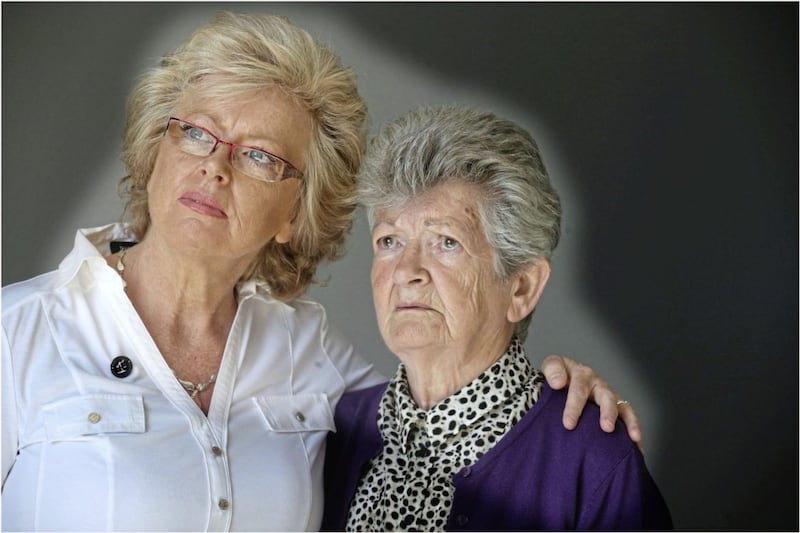 Julie Hambleton and her mother Margaret Smith as families of some the 21 victims of the 1974 Birmingham pub bombings visit Belfast on Wednesday.  