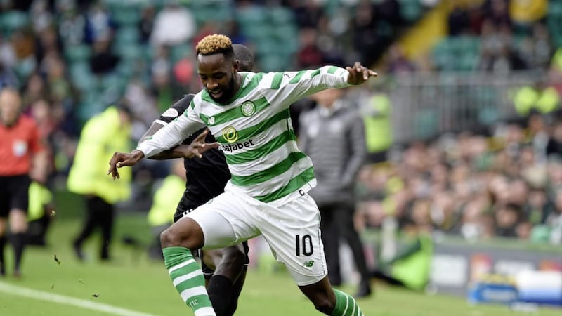 Celtic&#39;s Moussa Dembele tries to get past Hamilton&#39;s Delphin Tshiembe during the Ladbrokes Scottish Premiership match at Celtic Park, Glasgow on Sunday August 26 2018. Picture: Ian Rutherford/PA Wire. 