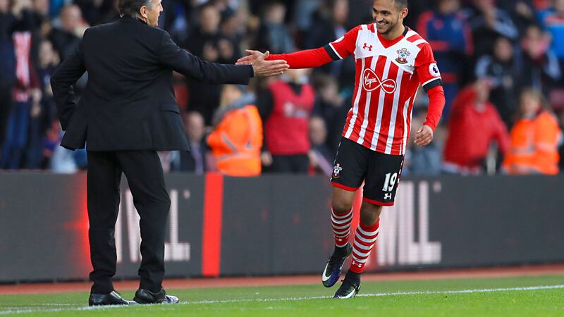 Southampton's Sofiane Boufal celebrates scoring the winner with manager Claude Puel during Sunday's Premier League match against Middlesbrough at St Mary's<br />Picture by PA&nbsp;