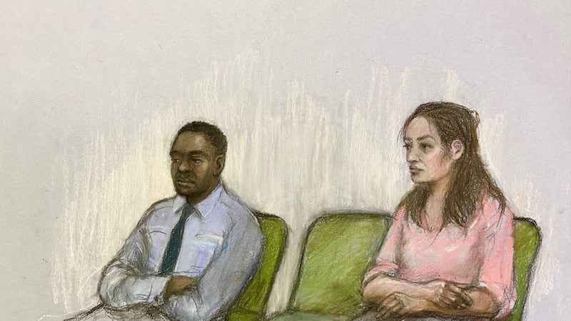 Court artist sketch by Elizabeth Cook of Constance Marten and Mark Gordon at the Old Bailey