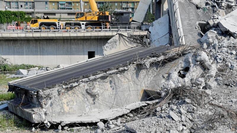 The collapsed bridge, in Genoa. The unofficial death toll rose to 43 on Saturday. Picture by Luca Zennaro/ANSA, via AP 