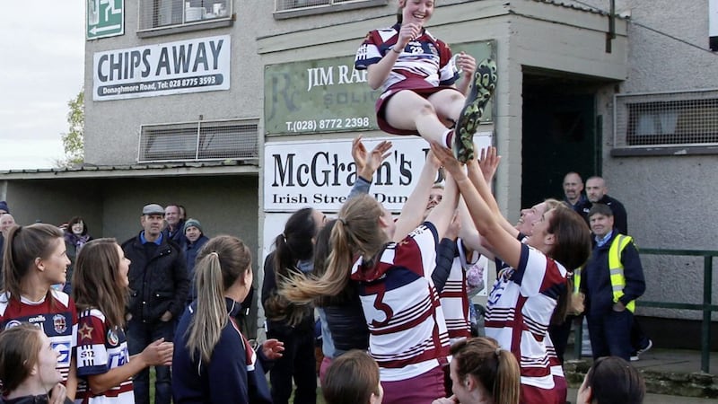 Slaughtneil&#39;s Cliodhna N&iacute; Mhian&aacute;in gets thrown high by her team-mates after their Ulster Senior Camogie Championship win over Loughgiel in Sunday&#39;s final at O&#39;Neill Park, Dungannon. Picture by Dylan McIlwaine. 