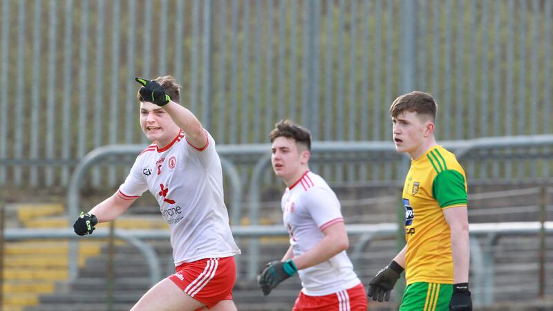 Tarlach Quinn (8) of Tyrone celebrates a goal against Donegal during the Ulster Minor Football Championship round one match at Ballybofey on Saturday Picture by Margaret McLaughlin