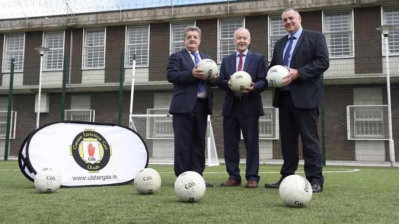 Maghaberry Prison has teamed up with Ulster GAA to coach skills for Gaelic football to prisoners as part of a sports rehabilitation initiative. Pictured (left-right) are Ronnie Armour, Director General of the Northern Ireland Prison Service, Michael Hasson, President Ulster GAA, and David Kennedy, Maghaberry Prison Governor. Picture: Michael Cooper 