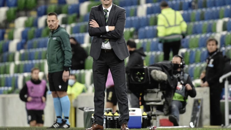 Northern Ireland manager Ian Baraclough watches on against Austria.<br /> Pic Colm Lenaghan/Pacemaker