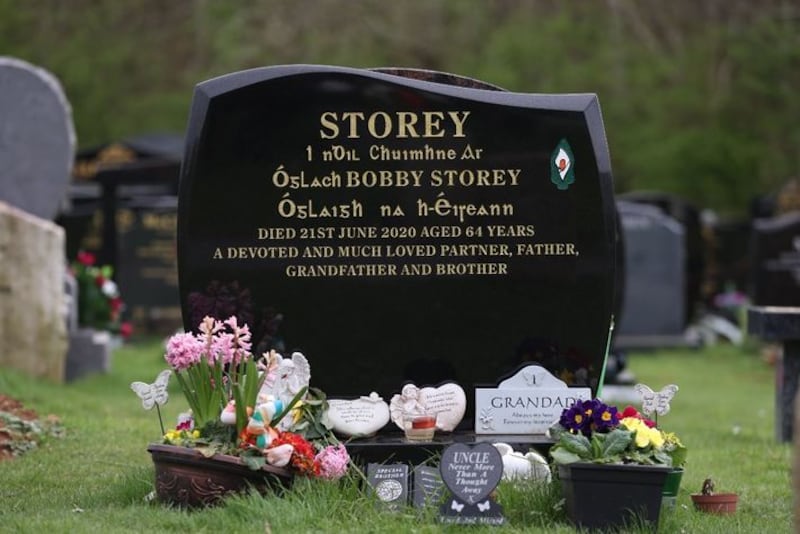 &nbsp;The headstone of senior Irish Republican and former leading IRA figure Bobby Storey at Milltown Cemetery, west Belfast. Picture date: Tuesday March 30, 2021.