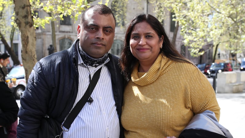 Seema Misra with her husband Davinder outside the Royal Courts of Justice in 2021