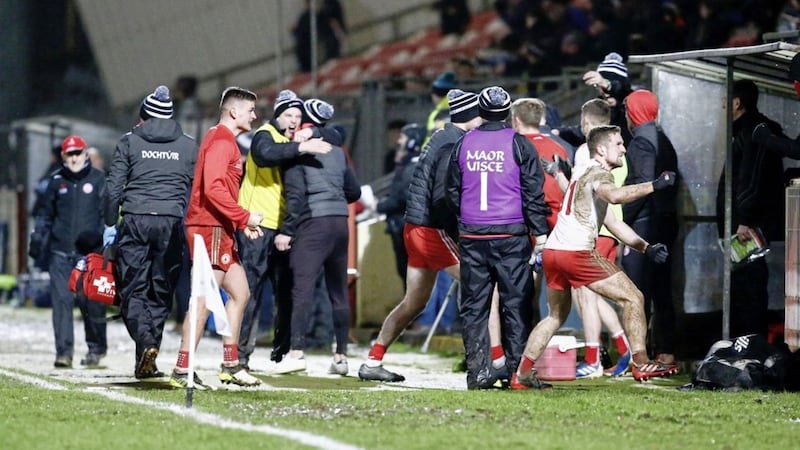 The Tyrone bench celebrate their goal near the end of their Division One round five win over Dublin at Healy Park on February 29, 2020.<br />  Pic: Philip Walsh