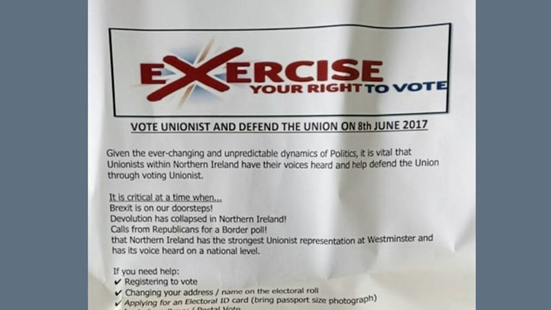 The campaign leaflets urge people to &quot;vote unionist and defend the union&quot; 