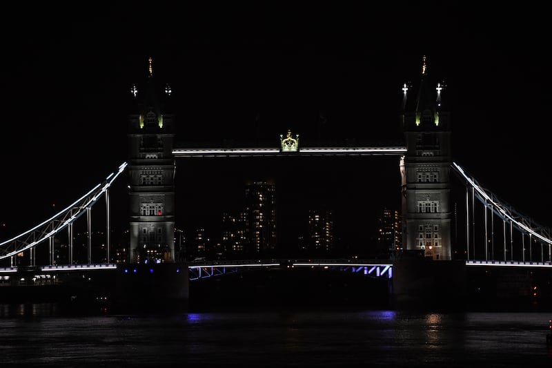 A view of Tower Bridge in London as the UK marks Earth Hour