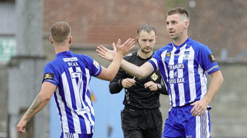 Newry City&#39;s Decky Carville celebrates his goal during Saturday&#39;s game against Institute at the Showgrounds Picture by David Maginnis/Pacemaker 