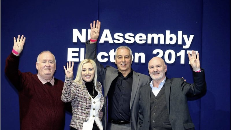&Oacute;rlaith&iacute; Flynn, Alex Maskey, Fra McCann and Pat Sheehan were all elected for a buoyant Sinn F&eacute;in in West Belfast. Picture by Hugh Russell 
