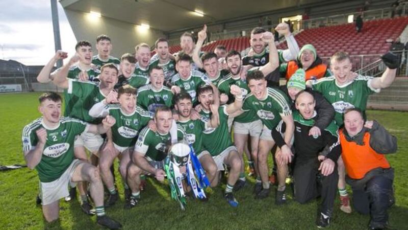 The Gaoth Dobhair squad celebrate after battling to victory over Scotstown in the Ulster Senior Club football final. Picture by Philip Walsh