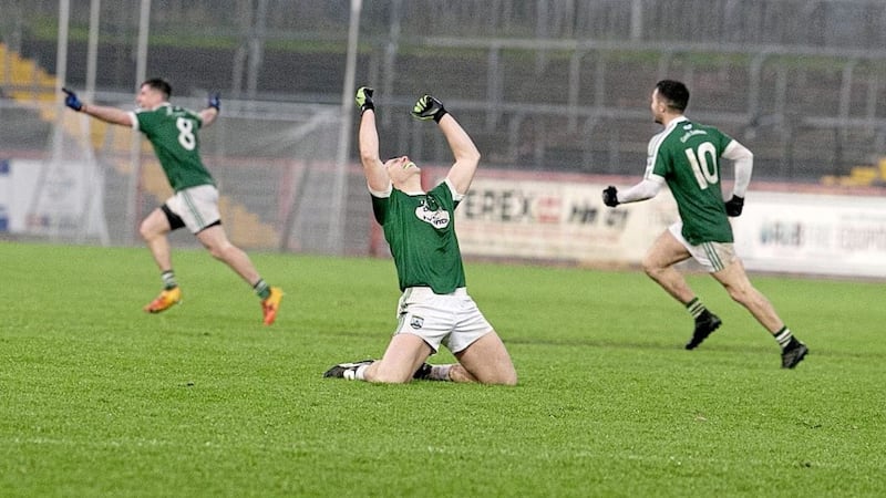 Kevin Cassidy (foreground) celebrates at the final whistle as Gaoth Dobhair edged out Scotstown to win their first Ulster senior club title. Picture by Philip Walsh 