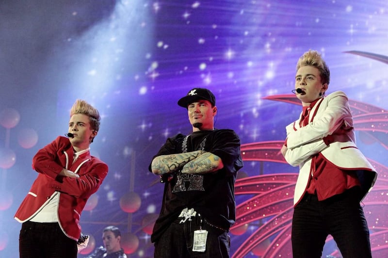 Vanilla Ice (centre) performing with Jedward during the National Television Awards 2010 at the 02 Arena London. File picture by Yui Mok, Press Association 