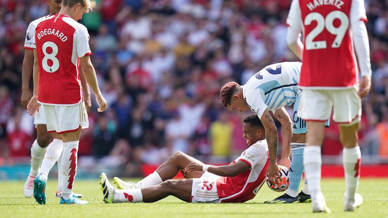 Jurrien Timber, centre, suffered anterior knee ligament damage against Nottingham Forest (Adam Davy/PA)