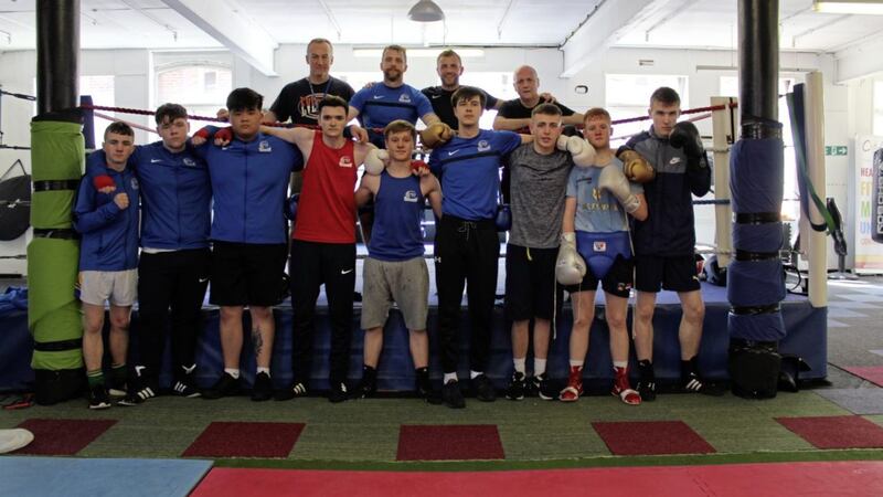 The Belfast Met boxing academy team train at the home of charity Belfast Child on College Street. Pictured are, back from left, Mal Scott, John Mulhern, Martin Lindsay and Mickey Corr. Front, from left, are Owen Neeson, Alan Magee, Kai Lui, Stephen Jackson, Joll Coll, Mark Reid, Seanna McCombe, Gerard Hughes and John McLoughlin. Notable absentees include renowned trainer Gerry Storey, Jack McGivern and Ali Ahmed (who were both representing Ulster at the Black Forest Cup in Ulster at the weekend) and Barry McReynolds, who has been in America boxing for Holy Trinity 