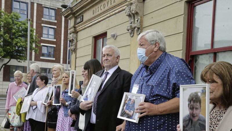 Families in Belfast on Monday for the inquiry into Muckamore Abbey Hospital. Picture by Hugh Russell 