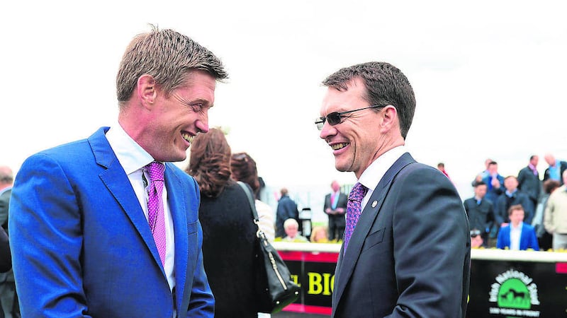 Aidan O&#39;Brien (right) pictured alongside former Ireland rugby ace Ronan O&#39;Gara, has trained Alice Springs - a horse in contention at Leopardstown 