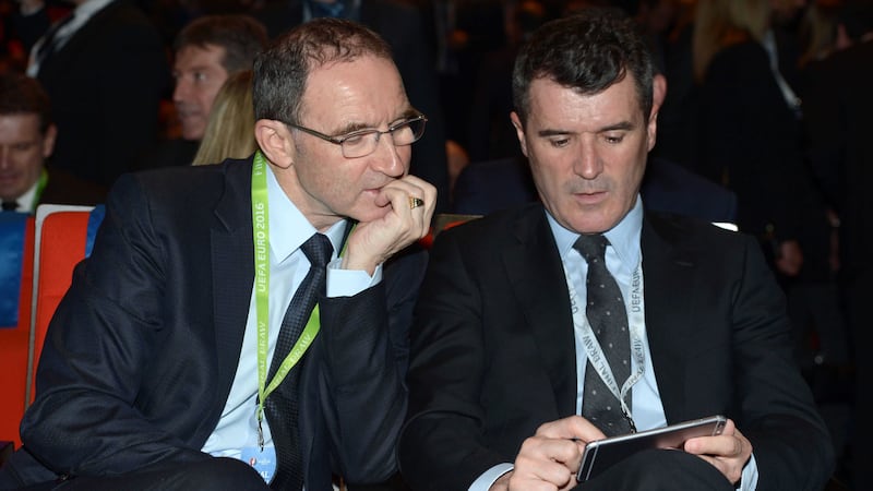Republic of Ireland manager Martin O'Neill (left) and assistant manager Roy Keane (right) during the UEFA&nbsp;Euro&nbsp;2016 draw in Paris, France.&nbsp;