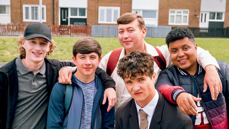 Connor [Max Ainsworth], Reece [Dylan Thomas-Smith], Ted [Dominic Murphy], Christopher [Jake Kenny-Byrne] and Mo Fassi [Zak Douglas] in G'Wed