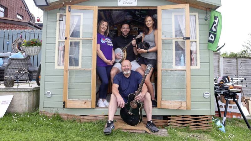 Andersonstown&#39;s Clann Mhic Corraidh played music sessions in their shed and broadcasted them live on social media. Pictured are Fiona, Sean &Oacute;g, Fionnuala and Sean. Picture by Mal McCann 