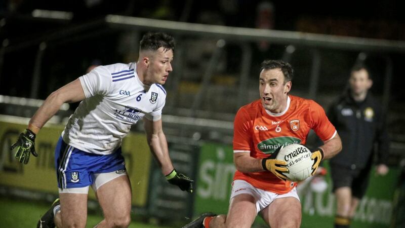 Opposite numbers. Armagh&#39;s Niall Rowland and Monaghan&rsquo;s Dessie Ward in the thick of the action at the Athletic Grounds. Picture by Hugh Russell 