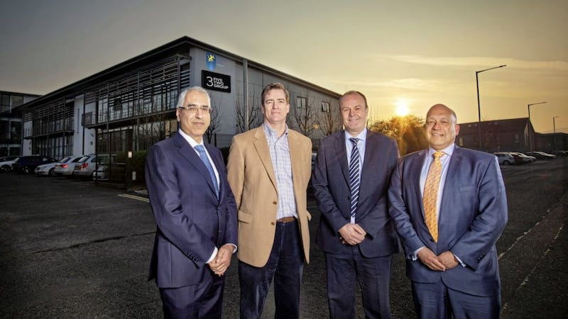 Bernard C McGuire Jr, managing director of 57 Stars (second left) pictured with 3fivetwo Group&#39;s Ashok Songra (joint CEO), Jeremy McCartney (finance director) and Suresh Tharma (joint CEO) 