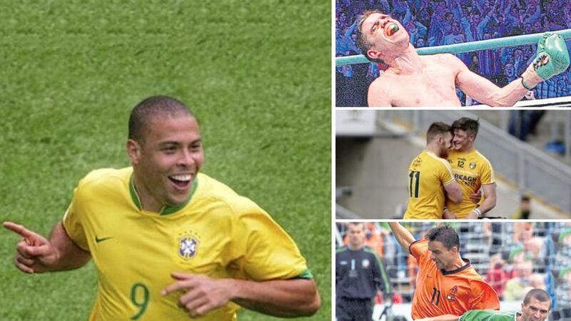 (clockwise from left) Brazil's Ronaldo was the star of the 2002 World Cup, Bernard Dunne winning a world title, Antrim enjoyed a brilliant win over Offaly in the Joe McDonagh Cup and the Republic of Ireland took a giant step towards the World Cup finals by beating Holland in Dublin&nbsp;