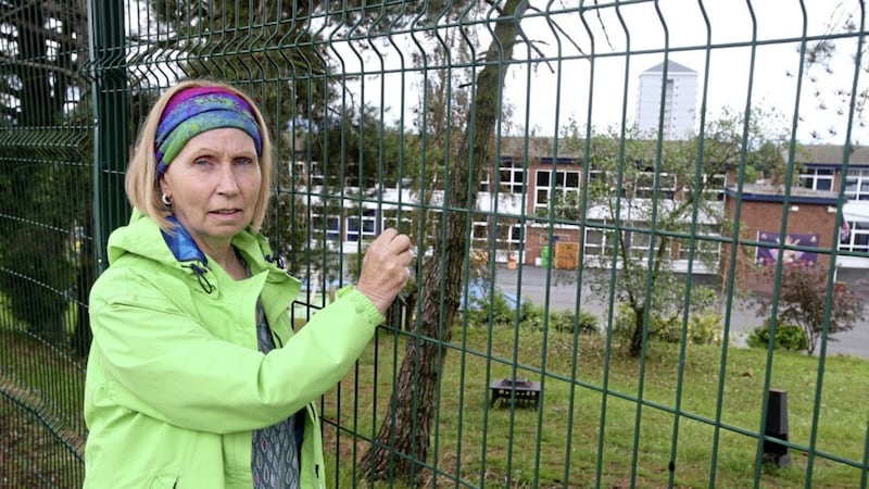 Linda Ervine outside Braniel PS where it has been decided not to open Naiscoil Na Seolta in September due to a social media campaign. Picture by Mal McCann 