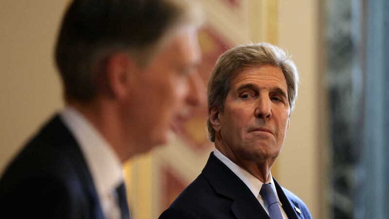 US Secretary of State John Kerry, right, holds a joint press conference with British Foreign Secretary Philip Hammond after their meeting at the Foreign and Commonwealth Office (FCO) in London. Picture by Daniel Leal-Olivas, Associated Press&nbsp;