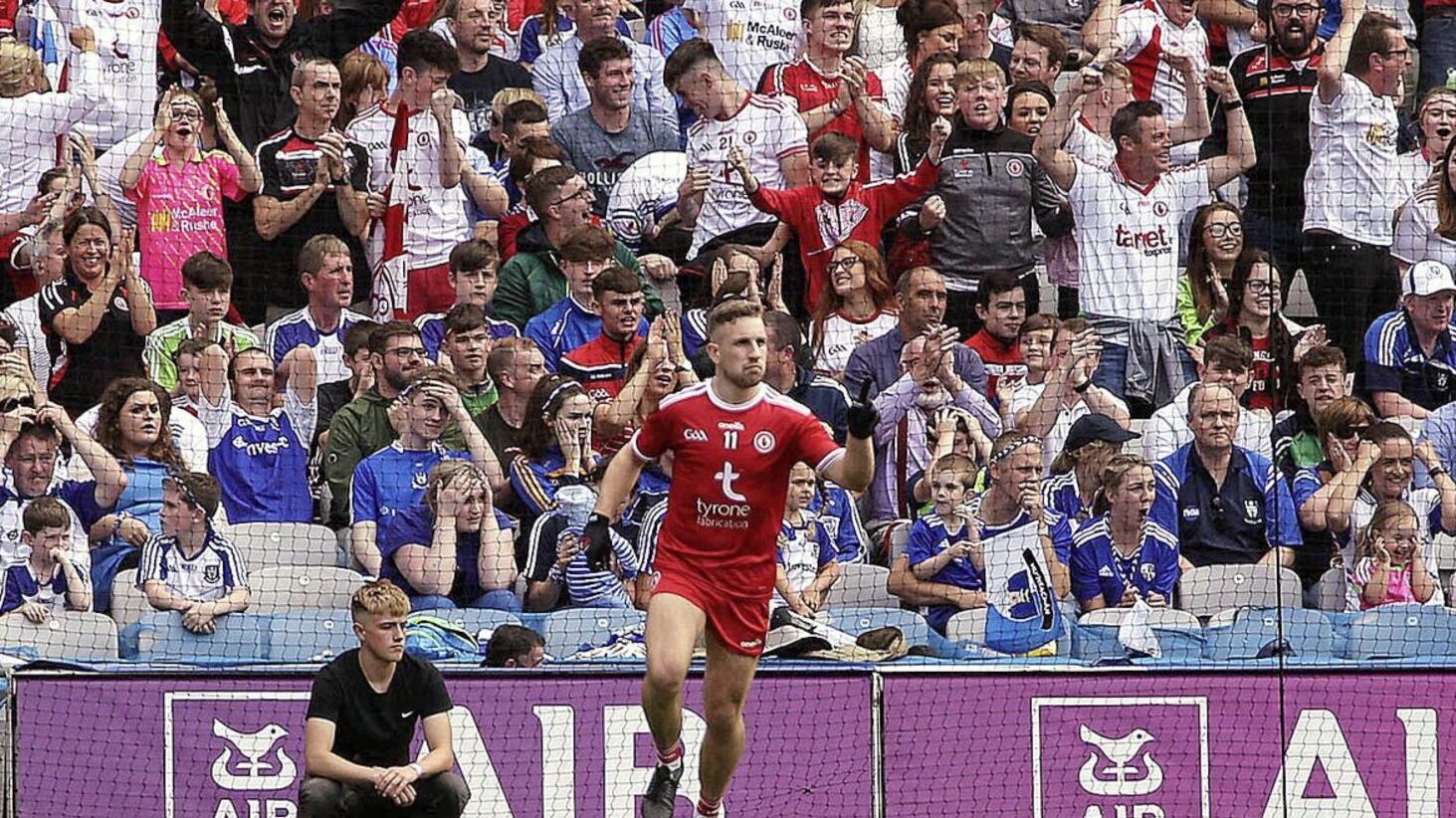 Niall Sludden celebrates his crucial goal for Tyrone against Monaghan in the All-Ireland SFC semi-final.<br /> Picture Seamus Loughran