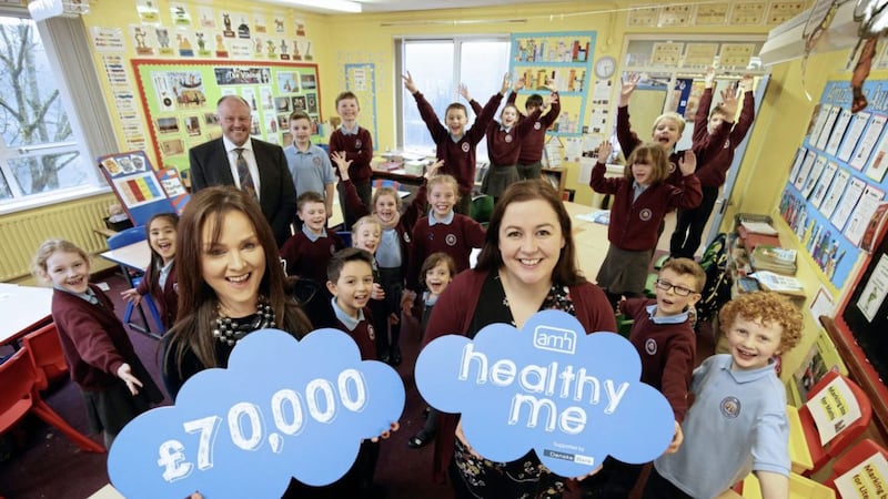 Pupils from Andrews Memorial Primary School in Comber are taking part in a new mental health awareness programme. Aisling Press from Danske Bank and school principal Ralph Magee are supporting the project 