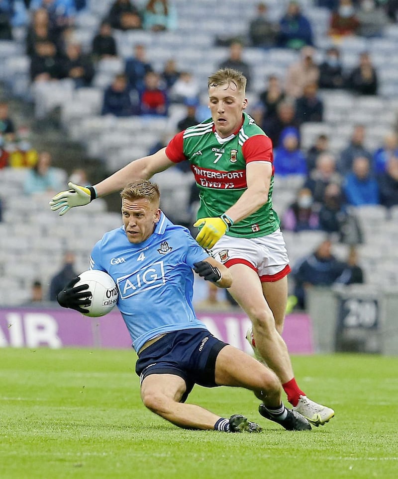 Dublin&#39;s Jonny Cooper and Mayo&#39;s Eoghan McLaughlin in action during the GAA Football All-Ireland Senior Championship Semi Final between Dublin and Mayo at Croke park Dublin on 08-14-2021. Pic Philip Walsh. 