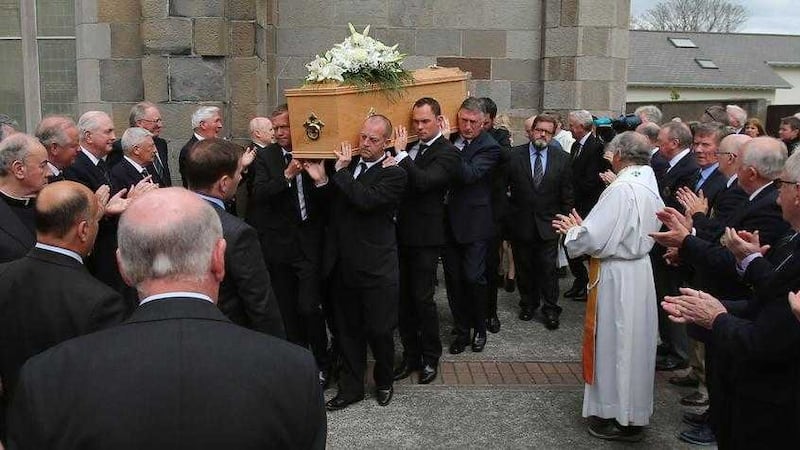 The coffin of Christy O'Connor snr is carried into St John the Baptist Church on Clontarf Road in Dublin. Picture by Niall Carson, Press Association