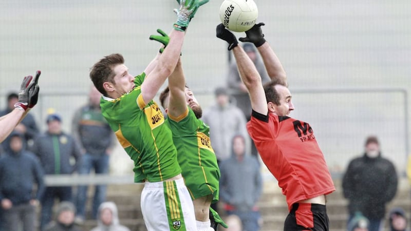 Lavey stalwart Michael Drumm, pictured rising highest during the semi-final win over Watty Graham&#39;s, Glen, is getting married to Eimear Duggan today. Picture by Margaret McLaughlin 