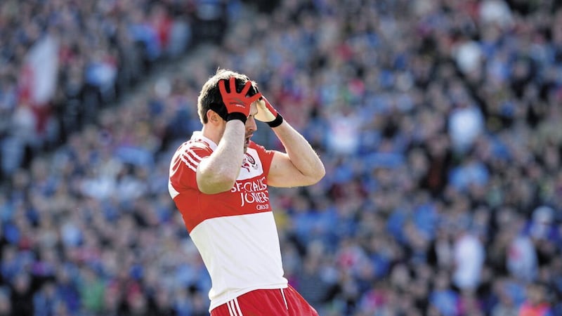Mark Lynch puts his hands to his head during what proved to be a long afternoon for Derry in their 2014 league final hammering by Dublin. Picture by Colm O&#39;Reilly 
