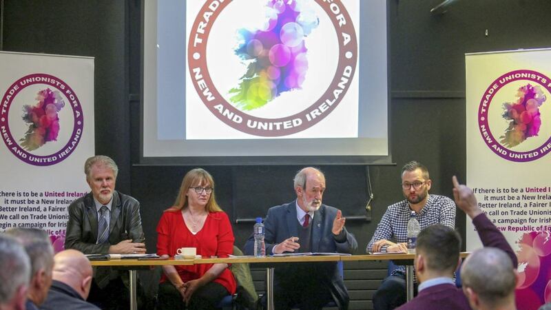 Trade Unionists for a New and United Ireland at their Linen Hall Library launch earlier this week. Pictured are Former Siptu division organiser Christy McQuillan, Debbie Coyle of Unison, Mick Halpenny of Siptu and spokesman Ruairi Creaney. Picture by Mal McCann 