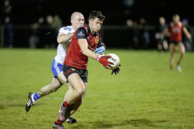 Down&#39;s Shane Annett bears down on the Monaghan goal during Wednesday night&#39;s Dr McKenna Cup tie. Picture by Louis McNally 