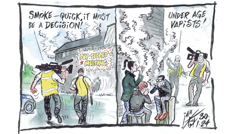 Cartoon showing journalists running to a DUP meeting with smoke coming out of the building. Once they get into it they realise it is smoke coming from underage vapers