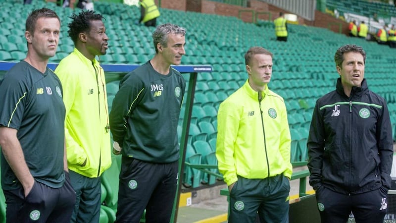 Pictured left to right are Celtic manager Ronny Deila, Efe Ambrose, Jim McGuinness, Leigh Griffiths and assistant manager John Collins before the UEFA Champions League Qualifying, Play-Off at Celtic Park, Glasgow. on Wednesday August 19, 2015. Picture by Jeff Holmes/PA Wire. 