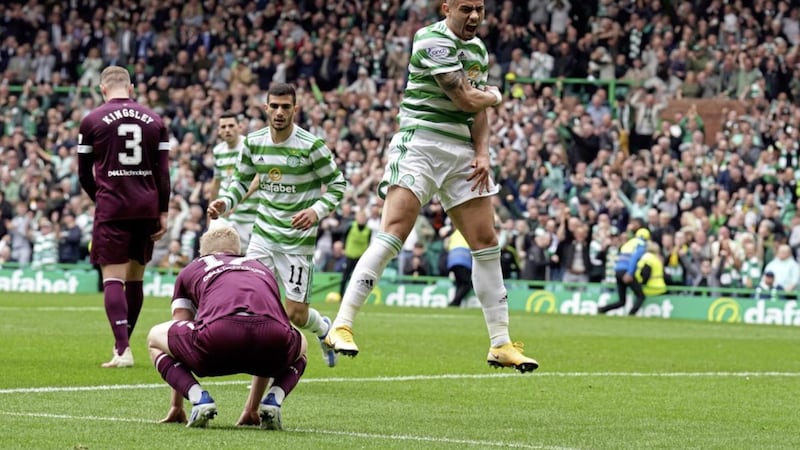 Celtic&#39;s Georgios Giakoumakis celebrates scoring his side&#39;s fourth goal against Hearts during the cinch Premiership match at Celtic Park on Saturday Picture: Andrew Milligan/PA 