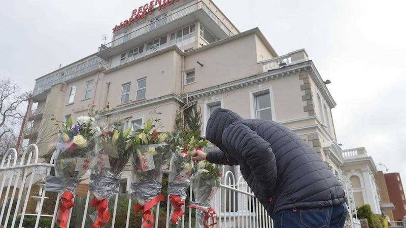 Flowers left at the Regency Hotel by friends and family of murdered man David Byrne.  Picture by Colm Lenaghan, Pacemaker 