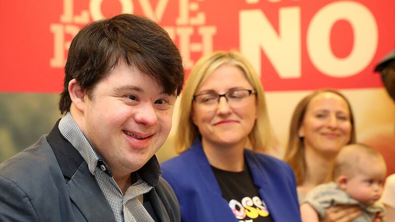 Conor O'Dowd, from Co&nbsp;Louth, alongside Cora Sherlock (centre), spokesperson for the LoveBoth campaign, at the launch of a campaign video ahead of the referendum on the 8th Amendment of the Irish Constitution on May 25. Picture by&nbsp;Brian Lawless/PA Wire